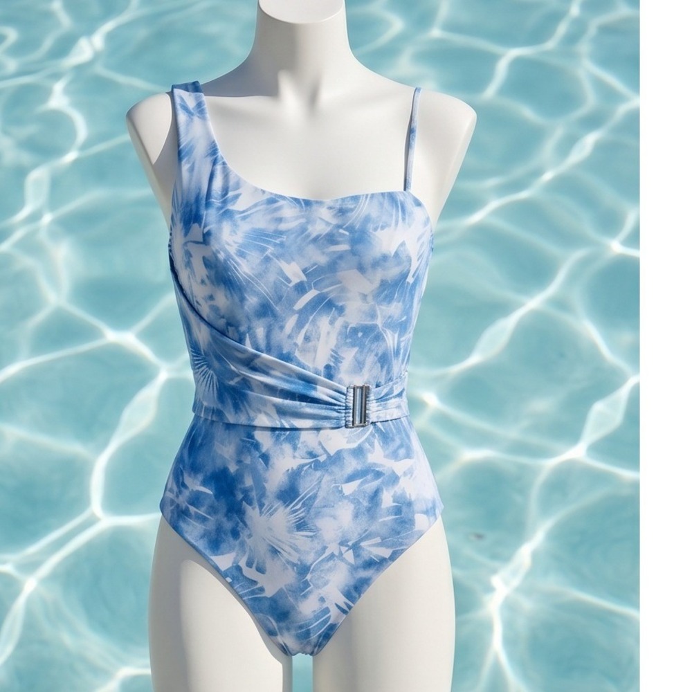 Trina Turk 14 Blue White One Shoulder Palm Print One Piece Swimsuit RV $165